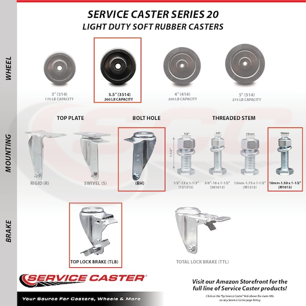 Service Caster 3.5 Inch Soft Rubber Wheel Swivel 10mm Threaded Stem Caster Brakes SCC, 2PK SCC-TS20S3514-SRS-M1015-2-TLB-2 - main